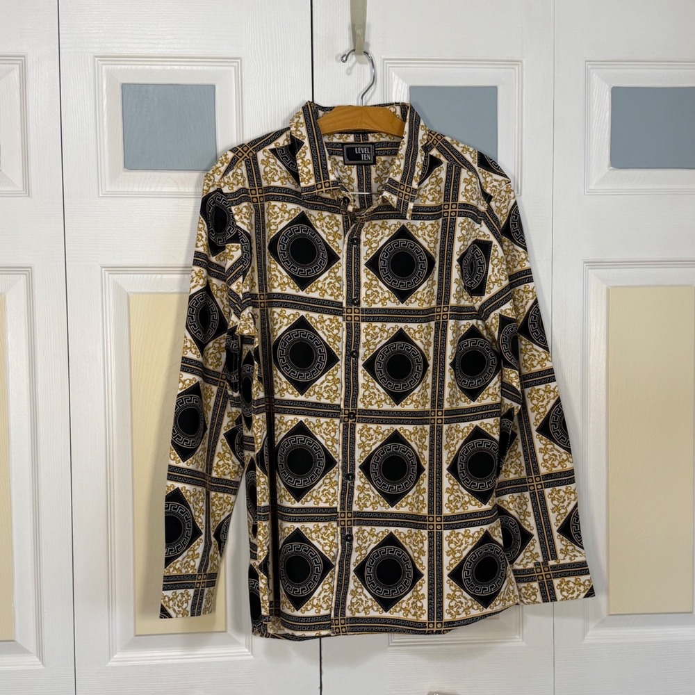 Level Ten Mens Baroque Geometric Print Button Down Shirt Gold Black White Large
